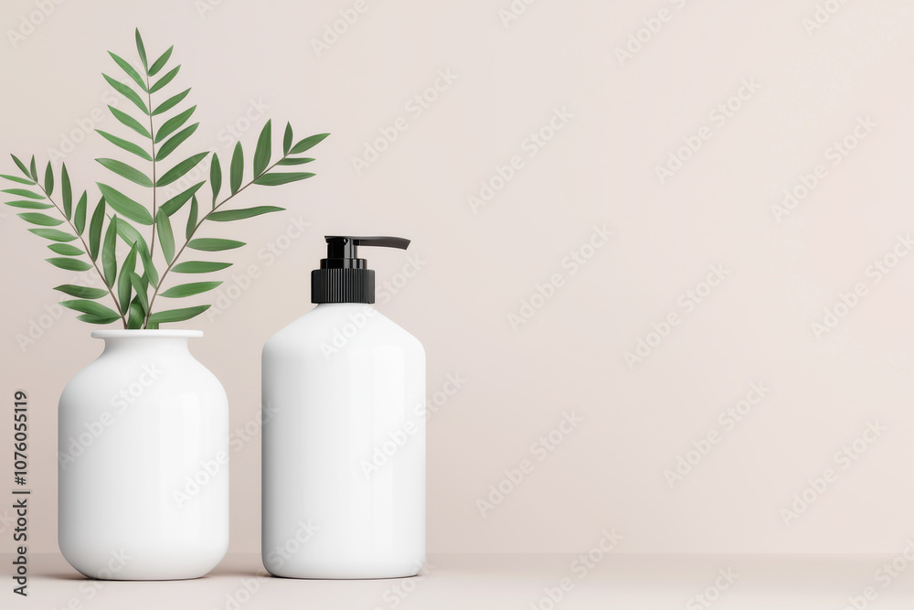 Minimalistic display of white bottles and greenery for a serene, modern aesthetic. Minimalistic display of white bottles and greenery for a serene, modern aesthetic.