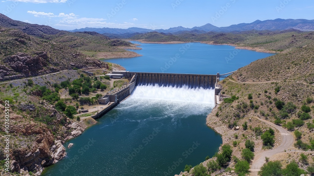 Aerial View of a Majestic Dam Surrounded by Rugged Mountains and Clear Blue Water Under a Bright Sky in a Serene Landscape Aerial View of a Majestic Dam Surrounded by Rugged Mountains and Clear Blue Water Under a Bright Sky in a Serene Landscape