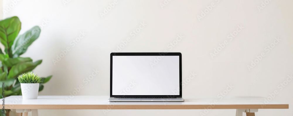Obraz premium Modern laptop on a minimalistic desk with a potted plant and a blank screen.