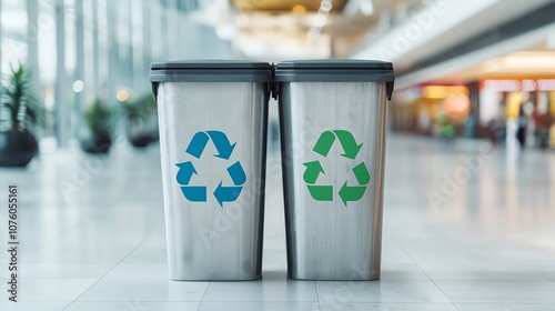 Minimalistic metal recycling bin with ecofriendly symbols, indoor shopping mall, clean and efficient waste management, public awareness in sustainability