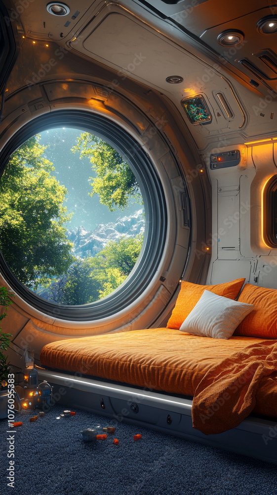 A lounge with a simple bed in a spaceship with a view out a window into space A lounge with a simple bed in a spaceship with a view out a window into space