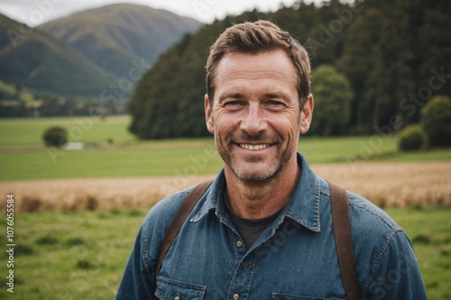 Close portrait of a smiling 40s New Zealander male farmer standing and looking at the camera, outdoors New Zealander rural blurred background