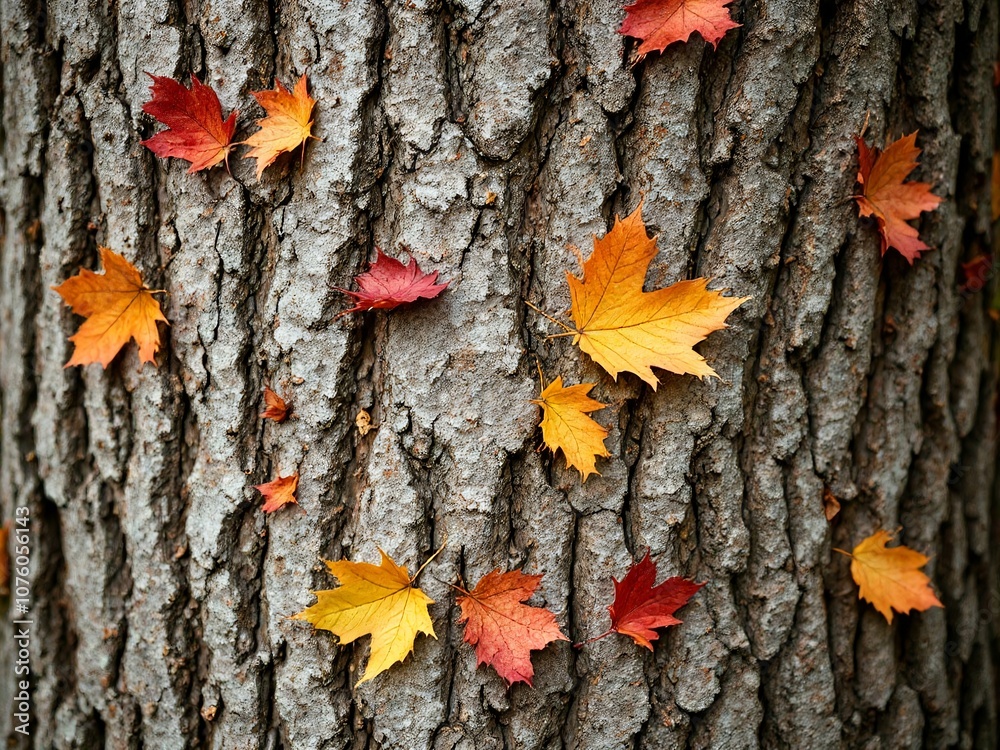 Vibrant Autumn Leaves Scattered on Tree Bark, Seasonal Nature Photograph Vibrant Autumn Leaves Scattered on Tree Bark, Seasonal Nature Photograph