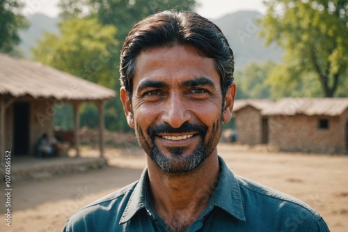Close portrait of a smiling 40s Pakistani male farmer standing and looking at the camera, outdoors Pakistani rural blurred background