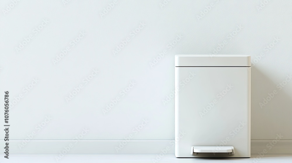 Minimalist White Trash Can with Pedal in Modern Interior Setting, Perfect for Clean and Organized Living Spaces and Environmentally Conscious Homes Minimalist White Trash Can with Pedal in Modern Interior Setting, Perfect for Clean and Organized Living Spaces and Environmentally Conscious Homes