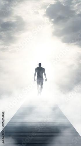 A figure walks towards a bright light on a foggy path, symbolizing hope or transcendence.