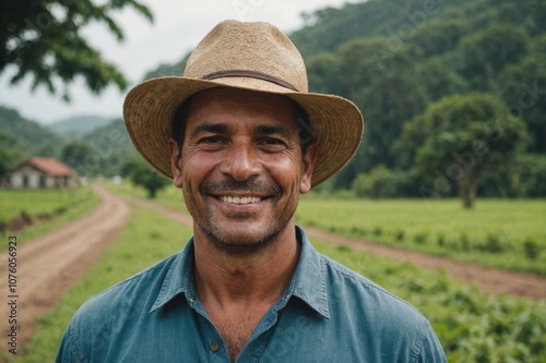 Close portrait of a smiling 40s Panamanian male farmer standing and looking at the camera, outdoors Panamanian rural blurred background