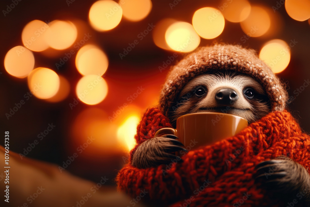 Obraz premium A cozy sloth in a hat, sipping a warm drink by the fireplace with festive lights.