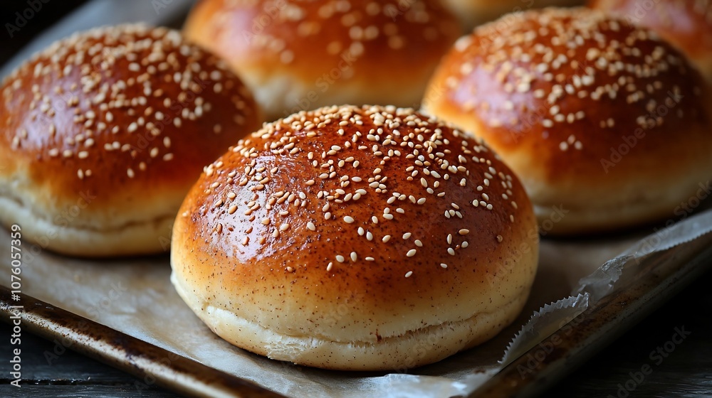 Freshly Baked Whole Grain Buns with Sesame Seeds on Baking Sheet Freshly Baked Whole Grain Buns with Sesame Seeds on Baking Sheet