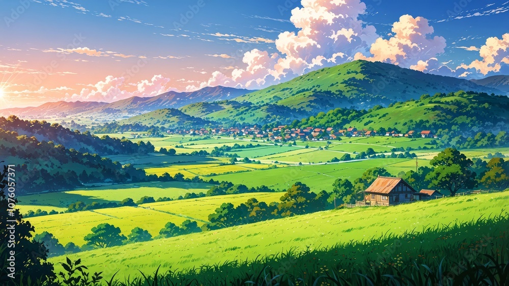 Fototapeta premium Stunning Countryside in Anime Style with Vibrant Colors