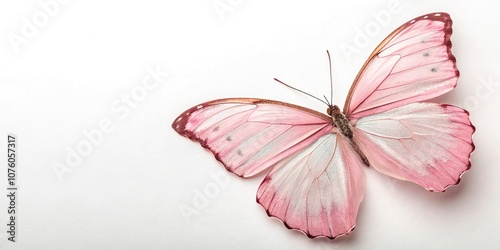 Delicate pink butterfly with transparent wings resting on a pristine white background, gentle, transparentwings photo