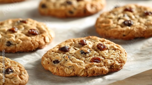 Freshly Baked Oatmeal Raisin Cookies with Visible Grains on Parchment Paper