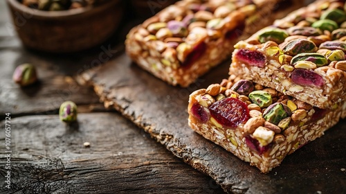 Layered Artisanal Nut and Fruit Bar with Pressed Pistachios on Rustic Background