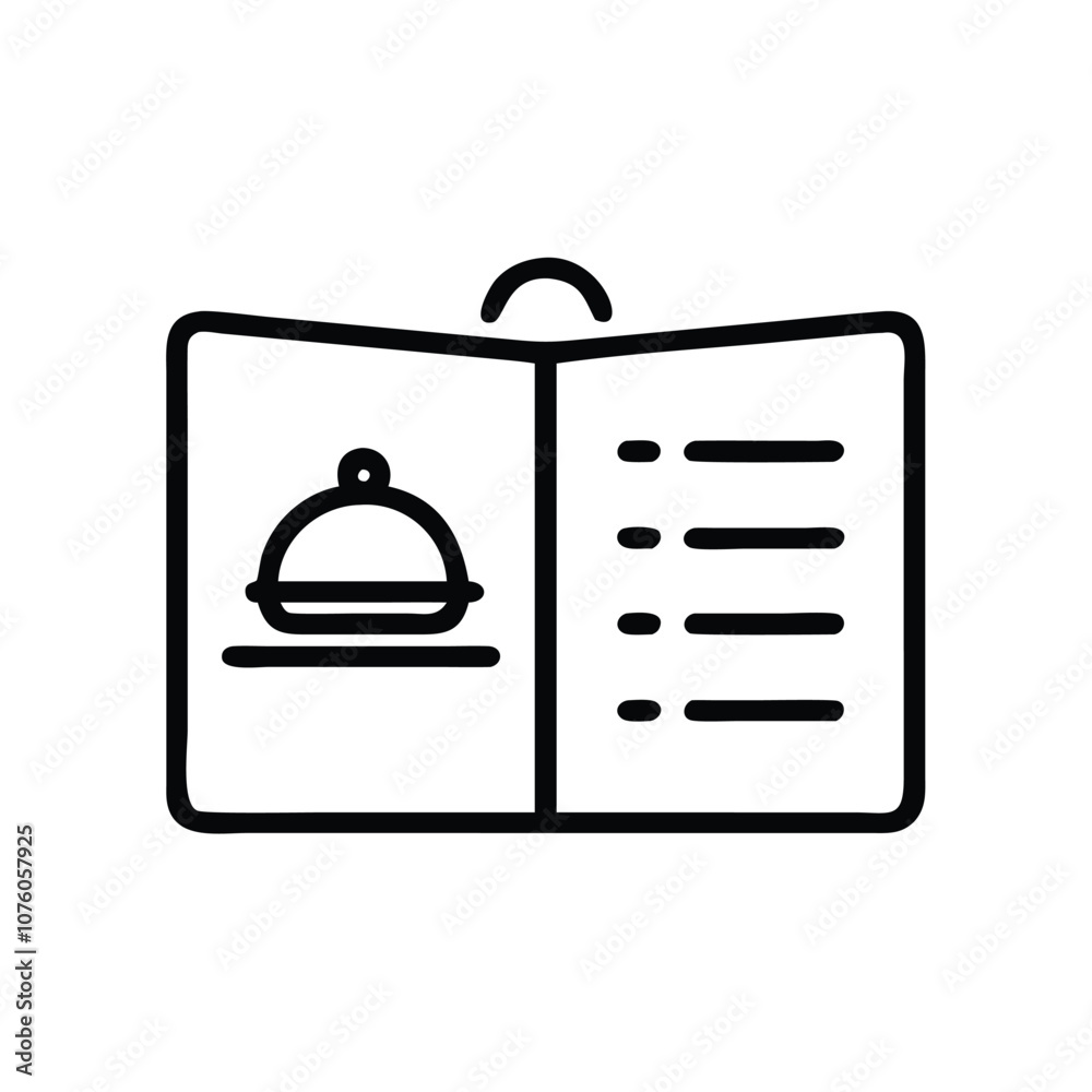 Open menu icon with cloche and item list, Vector illustration of an open restaurant menu with a cloche symbol and a list of items, shown in a simple black outline style, representing dining options.
Open menu icon with cloche and item list, Vector illustration of an open restaurant menu with a cloche symbol and a list of items, shown in a simple black outline style, representing dining options.