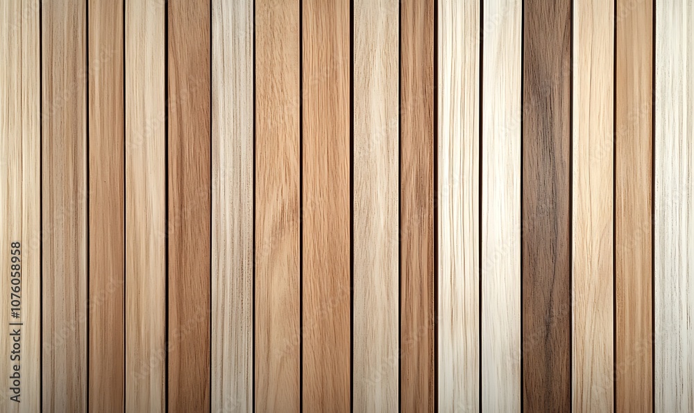 Obraz premium Wooden wall background with vertical slats, texture of natural wood paneling for interior design or backdrop. Wooden paneling wall.