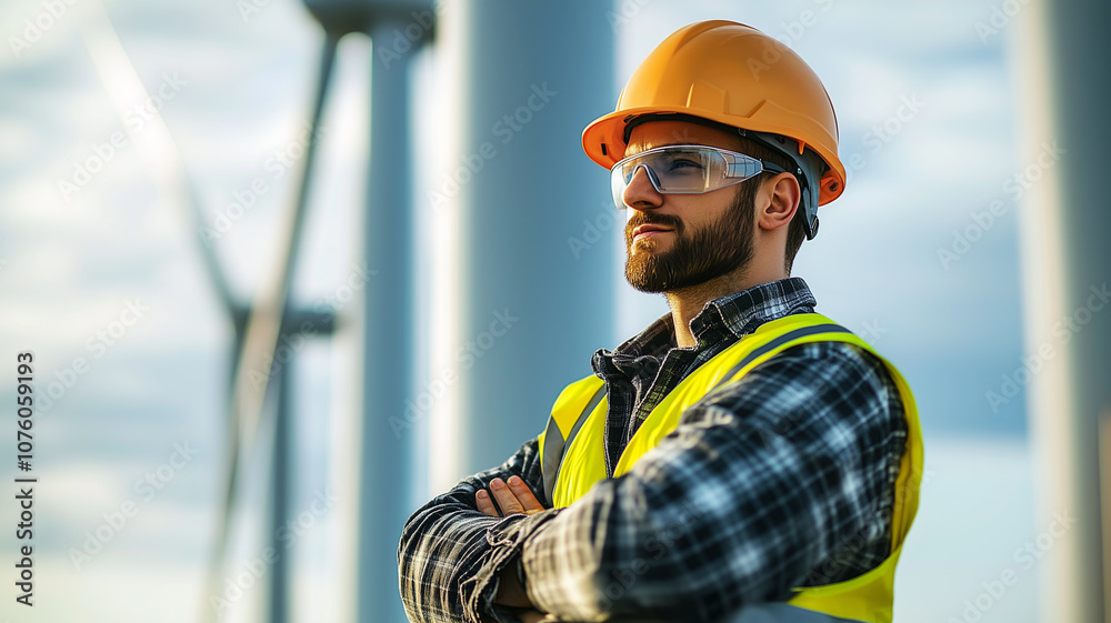 engineer in hard hat and safety vest stands confidently near wind turbines, showcasing renewable energy technology engineer in hard hat and safety vest stands confidently near wind turbines, showcasing renewable energy technology