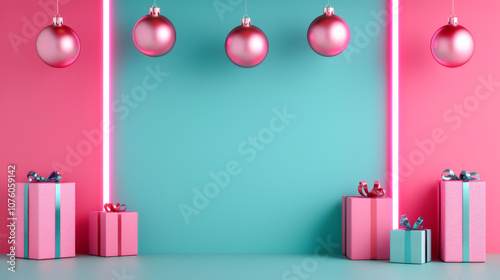 Vibrant festive scene with pink and teal decorations and beautifully wrapped gifts.