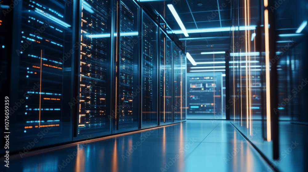 A modern IT infrastructure room filled with servers, routers, and glowing digital screens, representing the core of information technology services, A modern IT infrastructure room filled with servers, routers, and glowing digital screens, representing the core of information technology services,