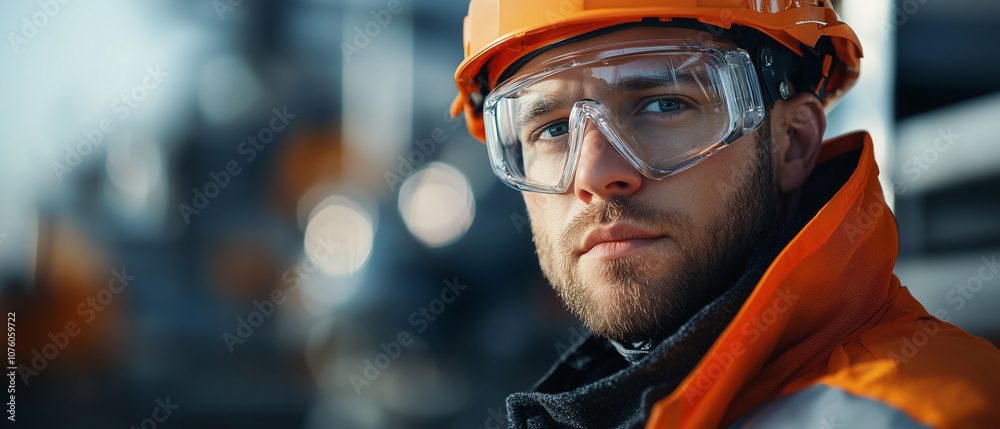 focused engineer in safety gear, including orange helmet and goggles, stands confidently at construction site, showcasing professionalism and dedication to safety standards focused engineer in safety gear, including orange helmet and goggles, stands confidently at construction site, showcasing professionalism and dedication to safety standards