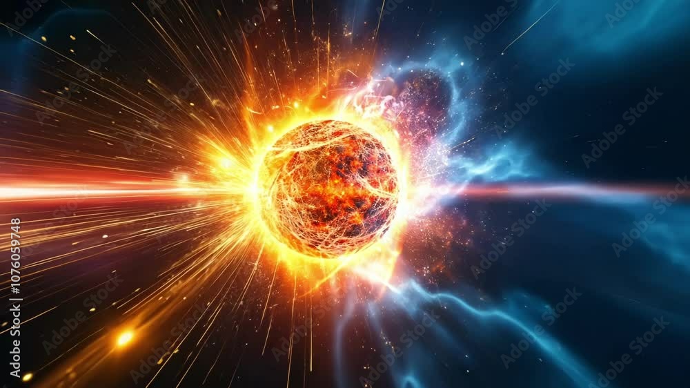 A brilliant surge of energy emits from the collision point signifying the immense power of the Higgs boson.