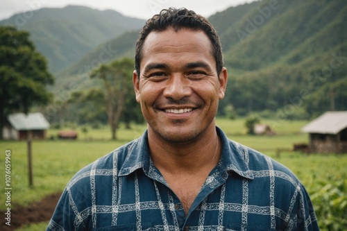 Close portrait of a smiling 40s Samoan male farmer standing and looking at the camera, outdoors Samoan rural blurred background