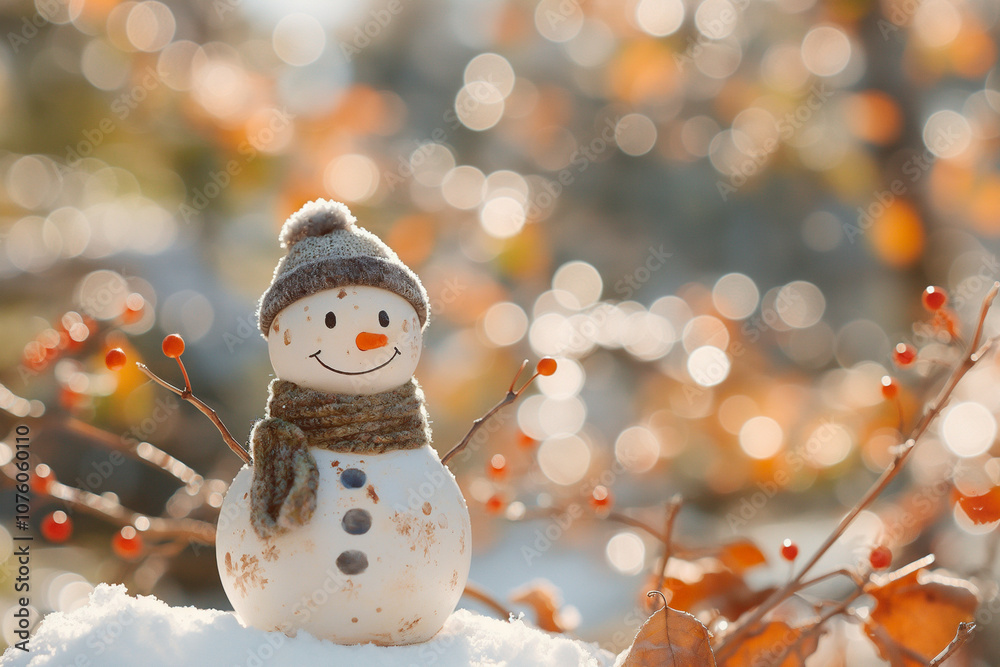 Obraz premium cute snowman toy with winter forest in the background