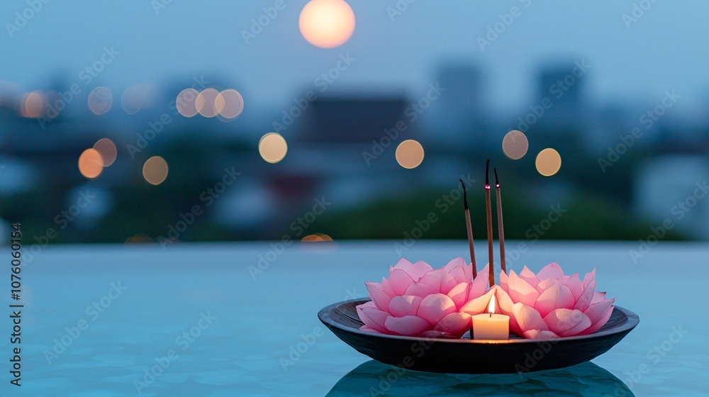 Serene Romantic Setting Featuring Beautifully Crafted Pink Lotus Flowers, Candles, and Incense Sticks Against a Soft Evening Glow Serene Romantic Setting Featuring Beautifully Crafted Pink Lotus Flowers, Candles, and Incense Sticks Against a Soft Evening Glow