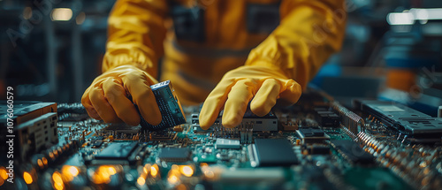 Worker in protective gloves handling electronic waste for recycling, focusing on circuit boards and components in responsible manner