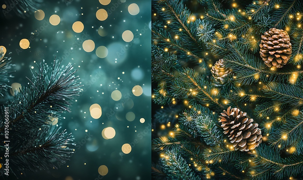 Fototapeta premium Festive Fir Tree with Bokeh and Glowing Lights with copy space 