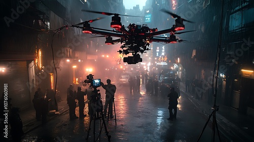 A drone flying above a bustling film set in an urban environment, capturing aerial shots of actors and crew members, filmmaker directing the scene with hand signals, city lights glowing,