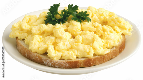 Scrambled eggs on toast, garnished with parsley.