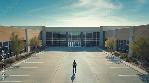 A drone flying above a commercial real estate property, capturing a large office building with a spacious parking lot, the real estate agent standing by the entrance, dressed professionally, photo