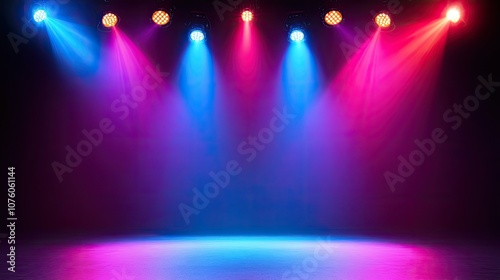 Colorful Stage Lights Illuminating a Dark Background for a Performance or Event with Vibrant Hues of Blue, Pink, and Purple Creating a Dramatic Atmosphere