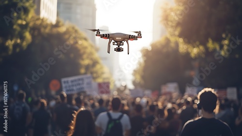 A drone flying above a protest march, capturing footage for a live news stream, the journalist standing nearby with a microphone, crowd holding signs, urban streets filled with people, photo