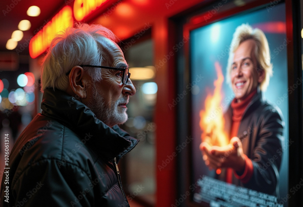 An elderly man lost in thought while gazing at a vibrant movie poster on a bustling street at night An elderly man lost in thought while gazing at a vibrant movie poster on a bustling street at night