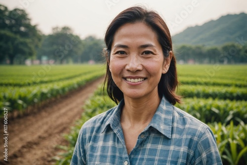 Close portrait of a smiling 40s Singaporean female farmer standing and looking at the camera, outdoors Singaporean rural blurred background