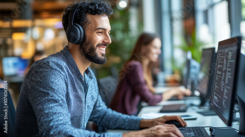 A help desk technician assisting an employee remotely, troubleshooting computer issues through screen-sharing tools