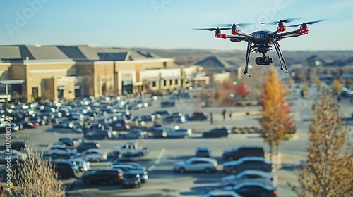 A drone flying over a large shopping mall parking lot, operated by a security guard, the guard scanning for suspicious activity, cars and people visible below, overhead perspective, photo