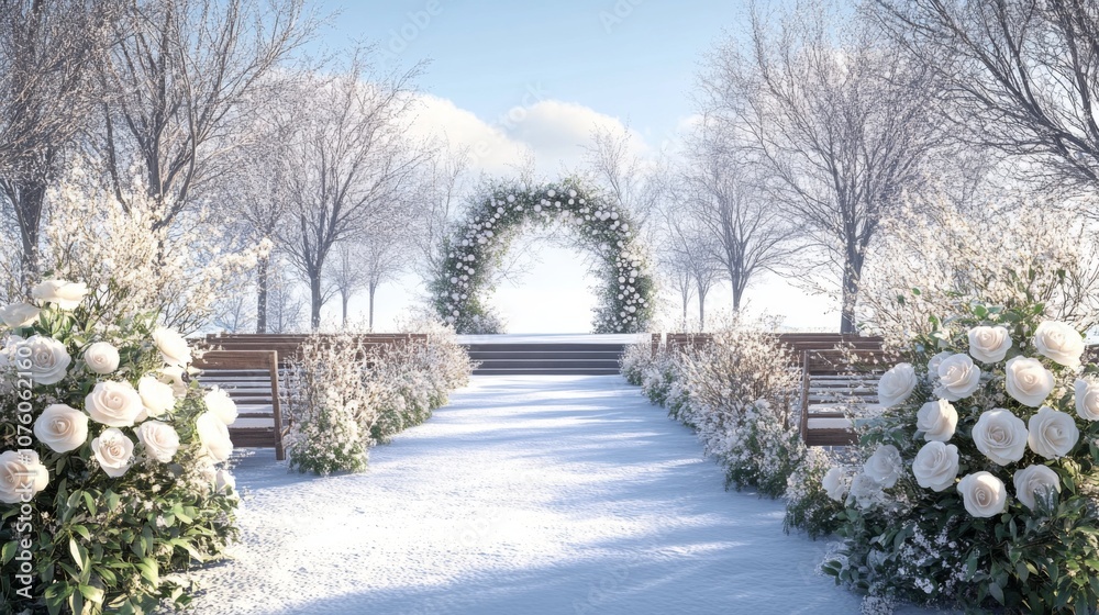 Winter Wedding Ceremony Venue with Flower Arch and Snowy Ground Winter Wedding Ceremony Venue with Flower Arch and Snowy Ground