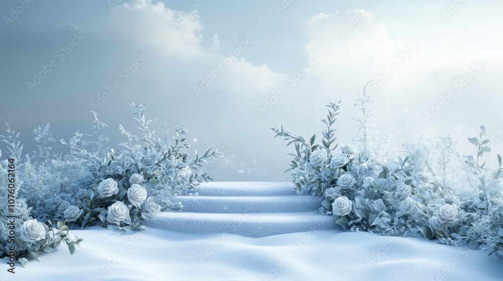 Fototapeta premium Snowy Steps with Frosty White Roses and Branches