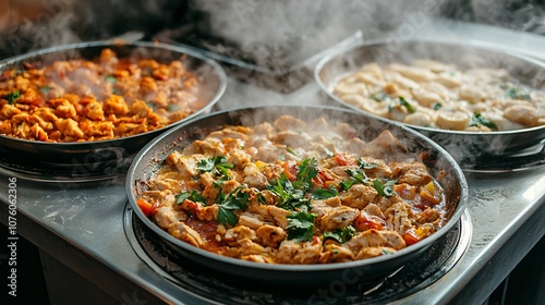 Overhead View of Steaming No Peek Chicken Casserole in Three Distinct Dishes, with Vibrant Ingredients and Rich Aromas Ready to Serve