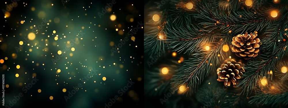 Festive Fir Tree with Bokeh and Glowing Lights with copy space Festive Fir Tree with Bokeh and Glowing Lights with copy space
