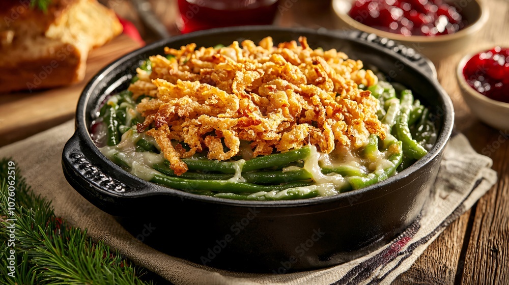 A Deliciously Crafted Green Bean Casserole with Crispy Toppings, Perfectly Presented in a Rustic Setting for Home Cooking and Holiday Gatherings