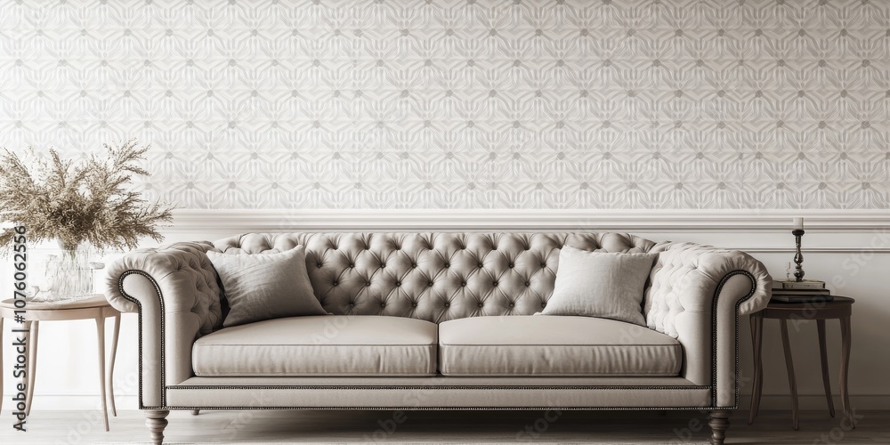 Obraz premium Beige tufted sofa with pillows in front of a patterned wall with side tables.