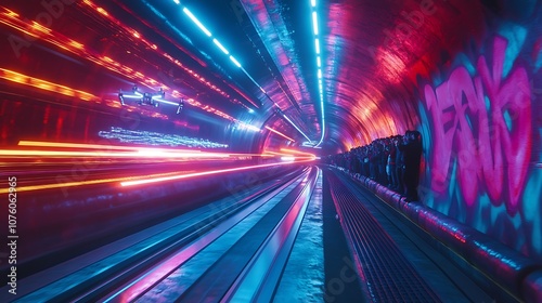 A drone race taking place in a graffiti-filled subway tunnel, drones navigating sharp turns at high speed, colorful LED trails marking their path, spectators lining the tunnel walls, motion blur,