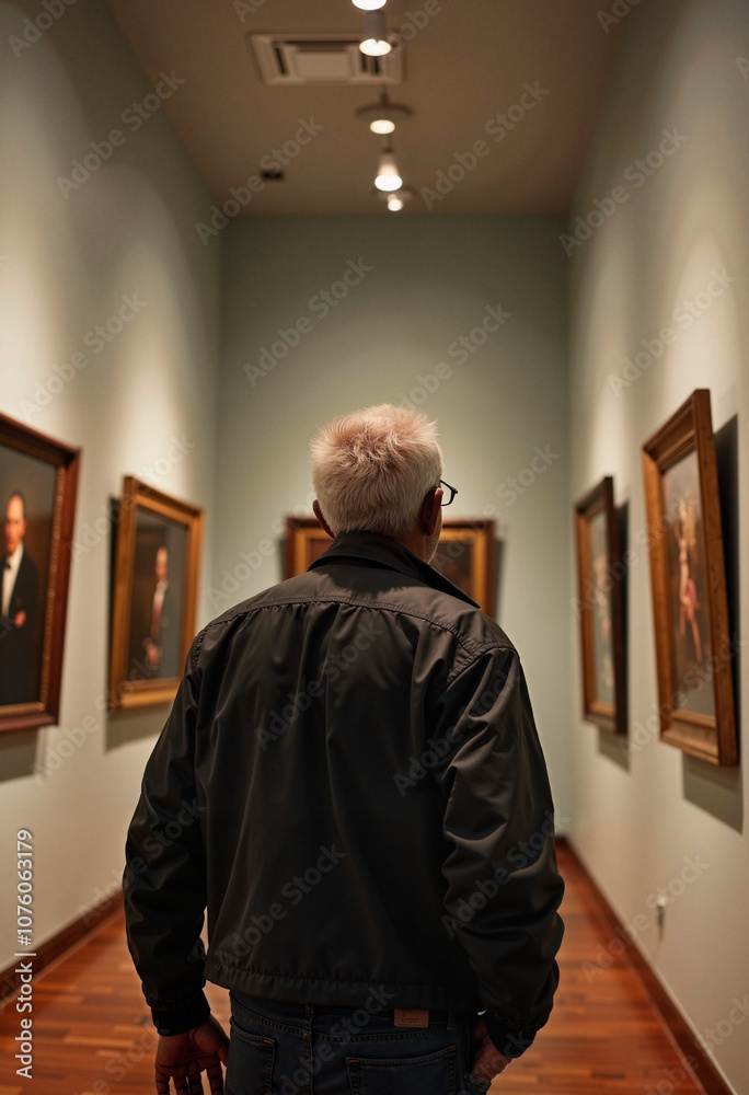 Elderly man with Alzheimer's explores an art gallery, reflecting on memories amidst classic portraits Elderly man with Alzheimer's explores an art gallery, reflecting on memories amidst classic portraits