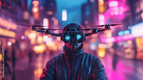 A drone racing enthusiast piloting a drone through a futuristic urban track, racing through illuminated checkpoints, reflections of city lights on the drone's sleek body, the pilot wearing VR goggles, photo