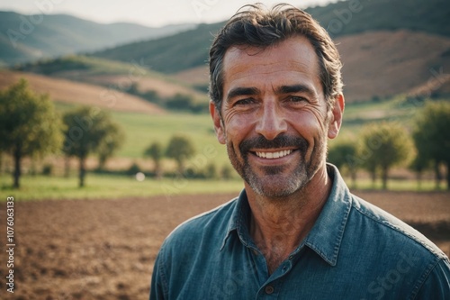 Close portrait of a smiling 40s Spanish male farmer standing and looking at the camera, outdoors Spanish rural blurred background