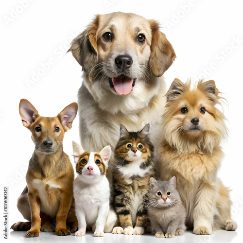 A cheerful gathering of various pets posing together in front of a white background.