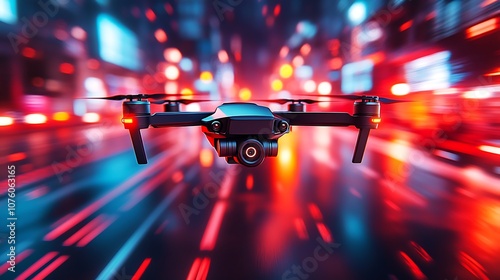 A drone racing enthusiast piloting a drone through a futuristic urban track, racing through illuminated checkpoints, reflections of city lights on the drone's sleek body, the pilot wearing VR goggles, photo